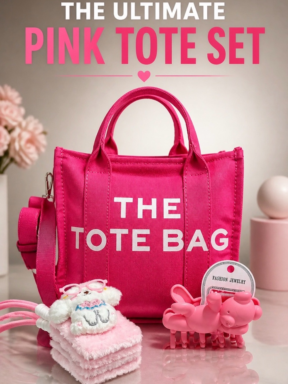 Pink Tote Bag Set $ Hair clip with cosmetic mirror attachment NWT